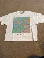Monet The Beach and Falaise d’Amont 1889 Painting Shirt White Medium Cropped NEW