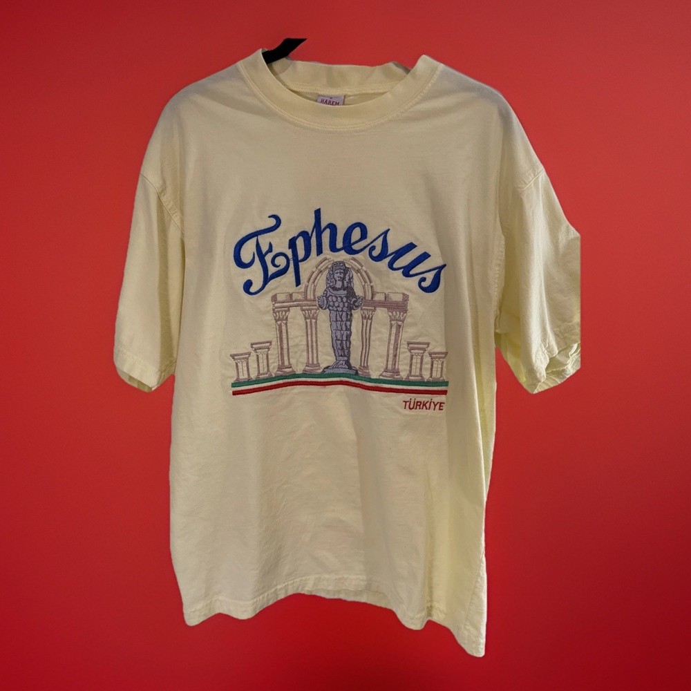 Ephesus Turkiye Print Embroidered Yellow T-Shirt Mens Size Medium GUC