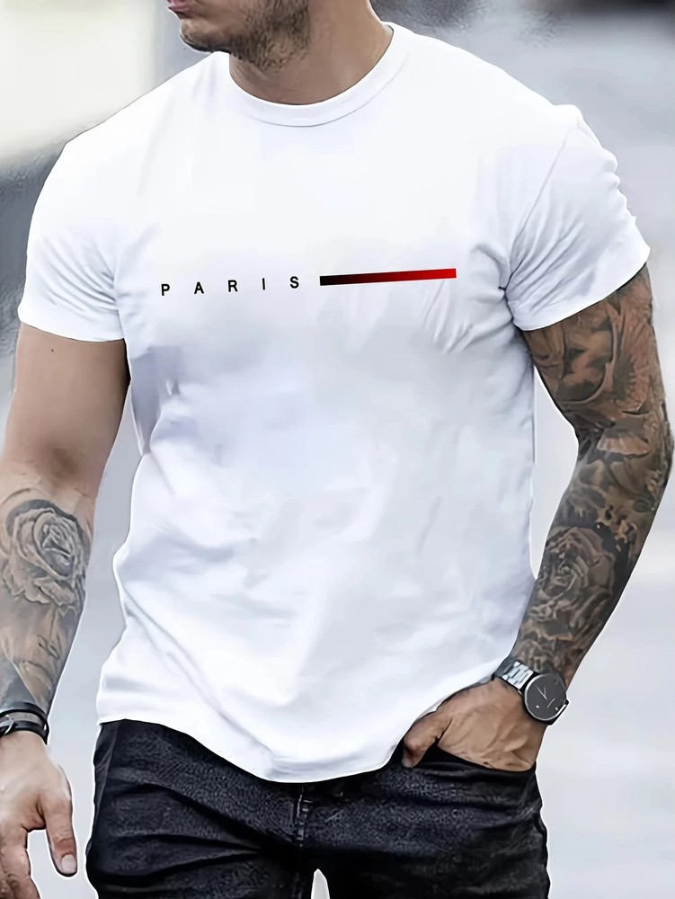 Men’s T-Shirt Summer Loose PARIS Creative Letter Print Casual Slim Fit Round