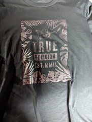 True Religion Grey/Green Adult Foil Leaves Graphic Crew Neck T-shirt Sz Large