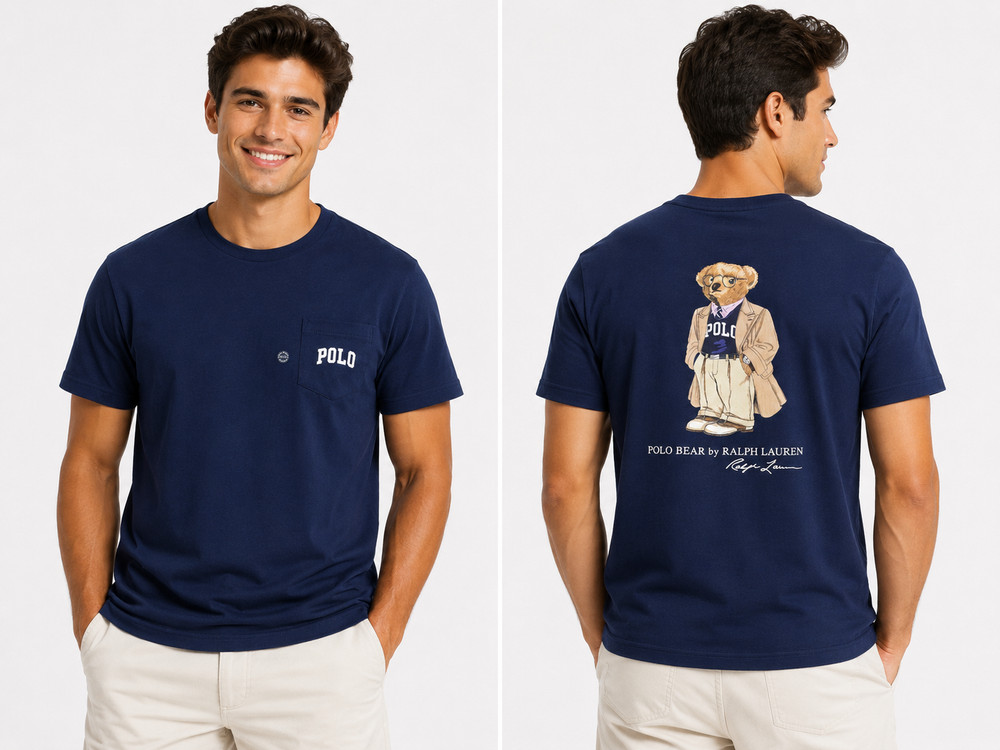 Polo Ralph Lauren Mens T-Shirt New 2XB Navy Blue Crew NeckBack Graphic Polo Bear