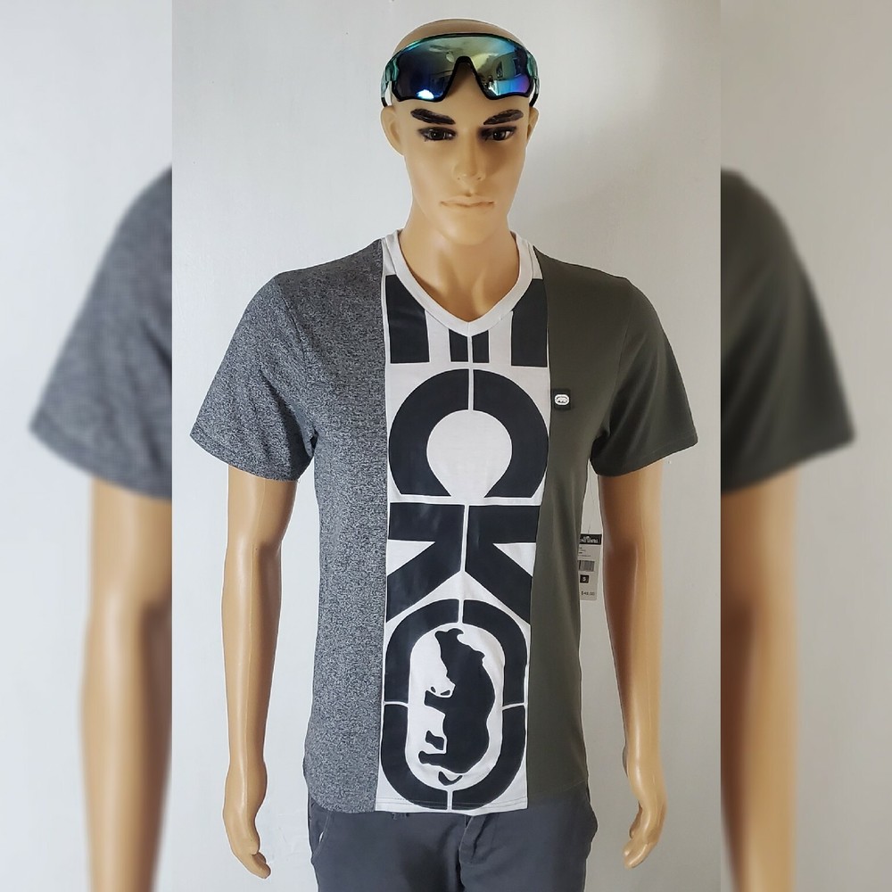 NWT ECKO UNLTD MEN’S SHORT SLEEVE V-NECK TSHIRT GRAY SIZE S BIG LOGO G.MARLED