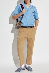 NWT Gucci Web Trim Cotton Poplin Camp Collar Shirt Light Blue IT 48 Authentic