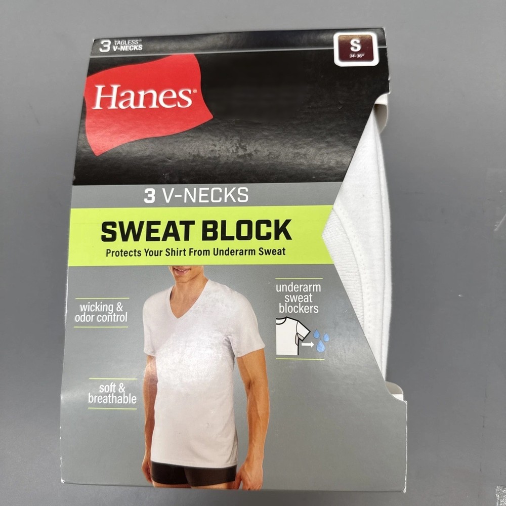 Hanes Men’s Sweat Block V-Neck Undershirt 3pk White S 34/36 Cotton Knit New