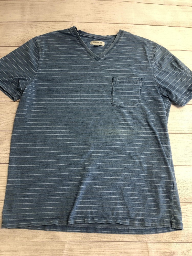 Goodthreads Shirt Mens XL Blue Stripe V-Neck Pocket Tee Jersey Cotton Casual