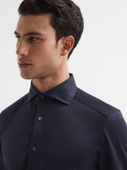 REISS MENS Nate Navy Cutaway Collar Jersey Slim Fit Shirt Top in Navy Size L