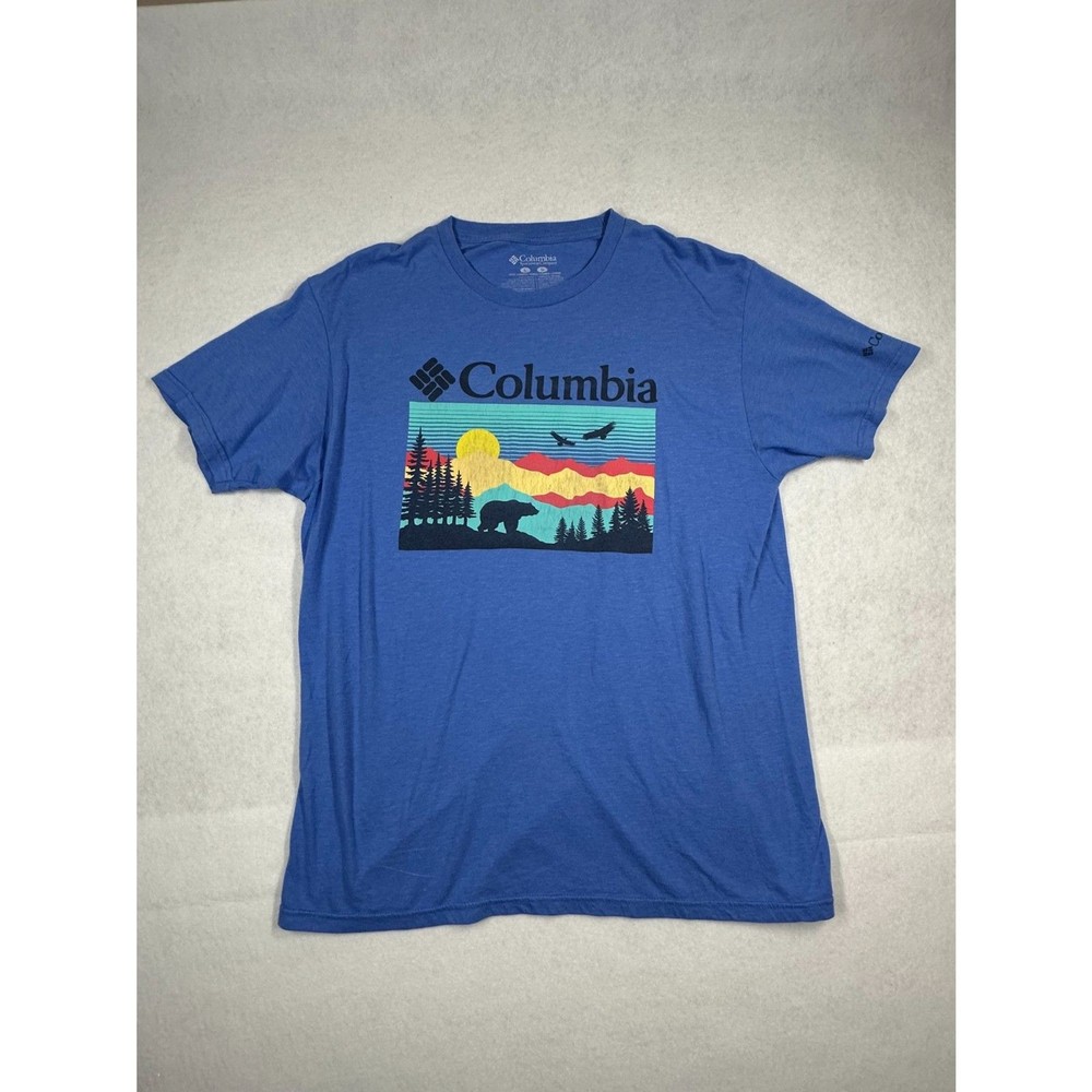 Columbia Blue SS men’s T-shirt, Size L, Bear, trees and mountains