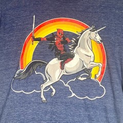 Marvel T-Shirt Mens Small Deadpool Riding Unicorn Rainbow Blue Heather Graphic