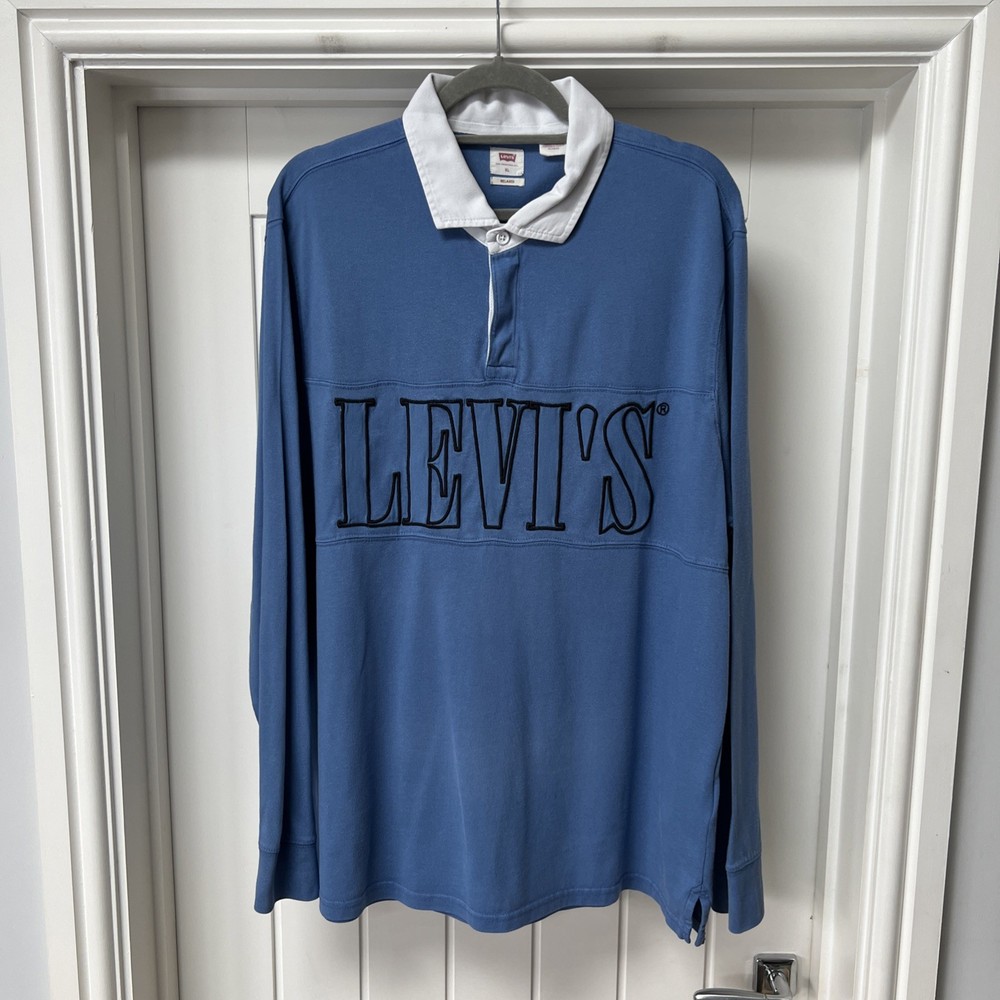 Levi’s Rugby Polo Shirt Men’s XL Blue Relaxed Long Sleeved 100% Cotton Collared