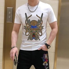 New Men Luxury Rhinestones Fashion Diamonds Black White T-Shirt High Quality