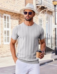 Men’s Casual Short Sleeve Knit T-Shirt – Ribbed Crewneck Pullover Tee