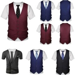 US Freebily Men’s Fake Suit Vest Tie Printed T-Shirt Casual Shirt Tuxedo Top