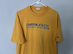 Champion Shirt Yellow Script Logo Authentic Athletic Large Sports Men Casual