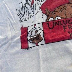 Vintage 1993 White & Red Unlucky Fried Kitten Graphic T-Shirt Size Adult Large