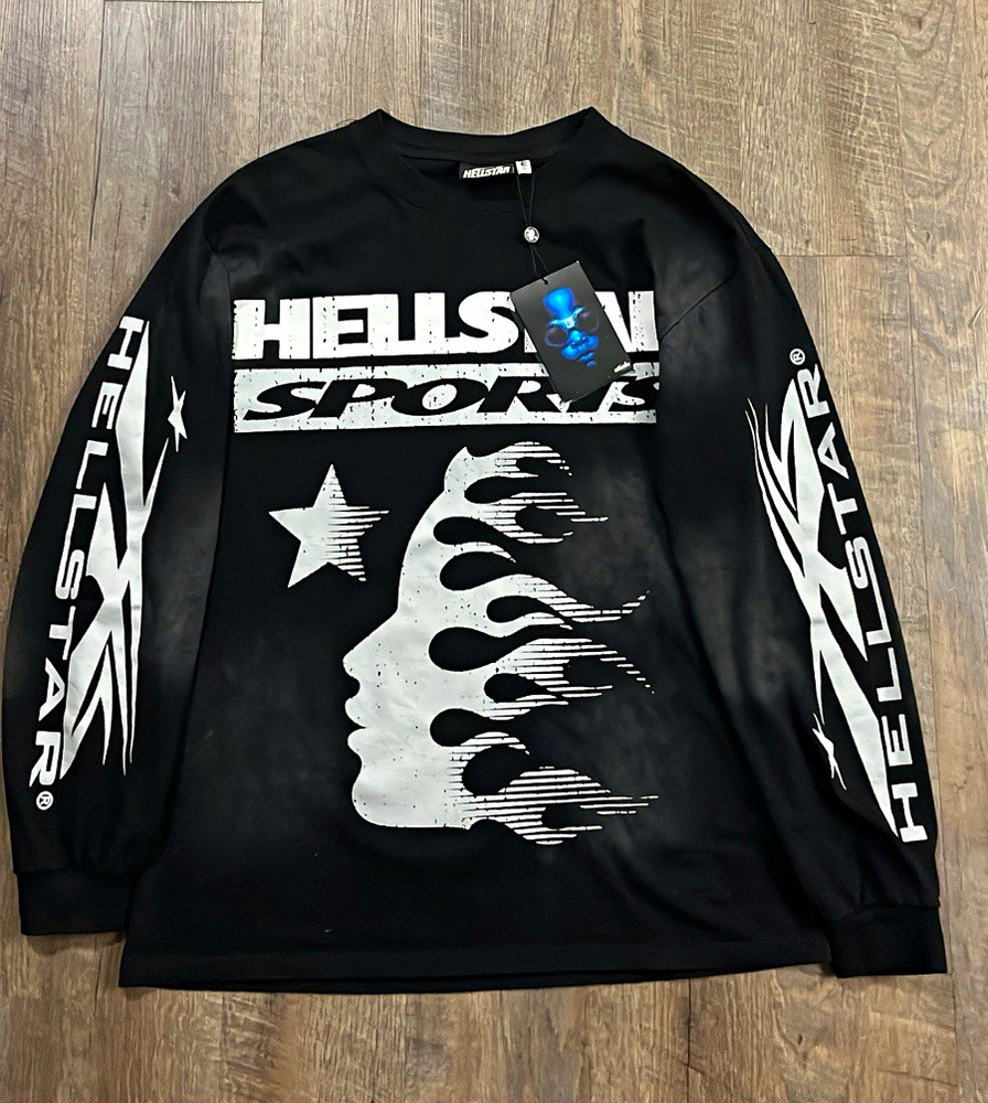 Hellstar Men’s Black Graphic Print Logo Long Sleeve Crew Neck T-Shirt Size S