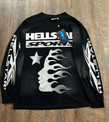 Hellstar Men’s Black Graphic Print Logo Long Sleeve Crew Neck T-Shirt Size S