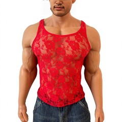Men’s Stretchy Floral Lace Mesh Tank Top Sleeveless Fitted Vest for Vacation