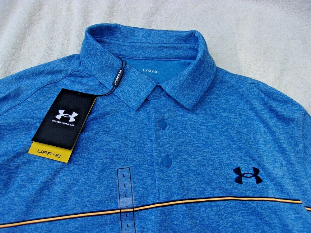 NWT Under Armour Loose Fit Playoff polo, mens L, XL, or XXL, blue, orange stripe