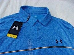 NWT Under Armour Loose Fit Playoff polo, mens L, XL, or XXL, blue, orange stripe