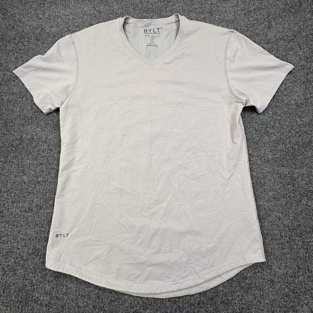 BYLT Drop Cut Lux V-Neck Shirt Mens Large (Fits as Medium) Gray Curved Hem Tee