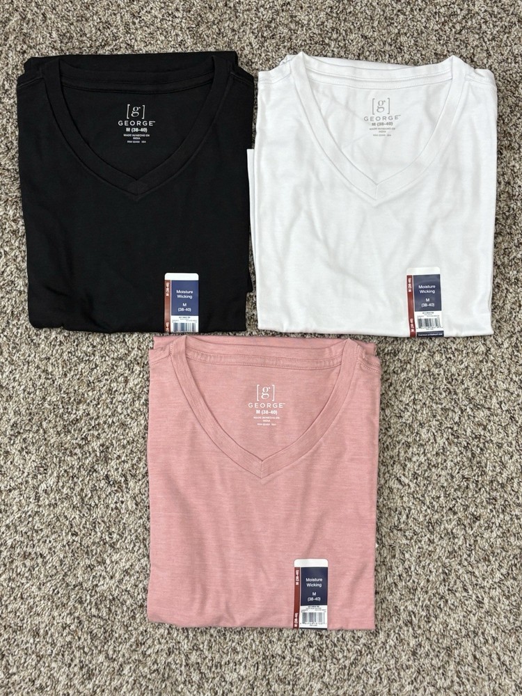 New George 3-PACK Men’s V-Neck T-shirt Tee Moisture Wicking Sz 38-40 MEDIUM (G8)
