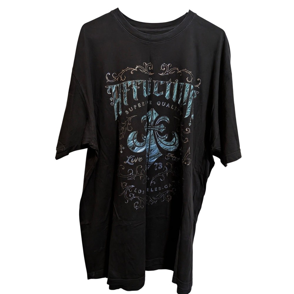3X AFFLICTION Live Fast T-shirt Oak Aged Black Silver Blue Foil Print Y2K