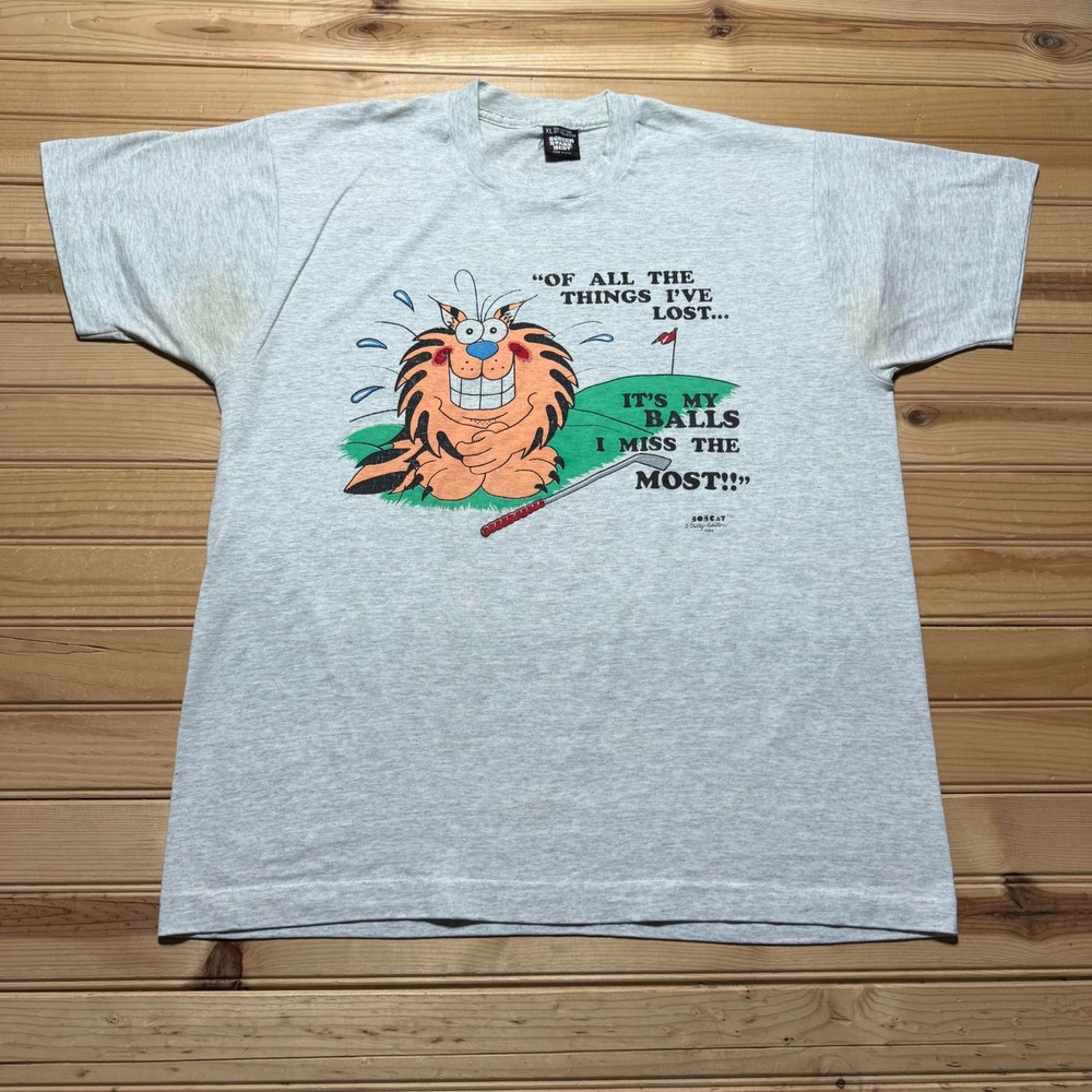 Vintage 1989 Bobcat Golf I Miss My Balls Funny Cartoon Graphic T-Shirt USA – XL