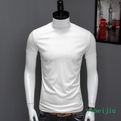 Fashion Summer Men’s Half High Collar Silk Cotton Short Sleeved T-shirt Slim Fit