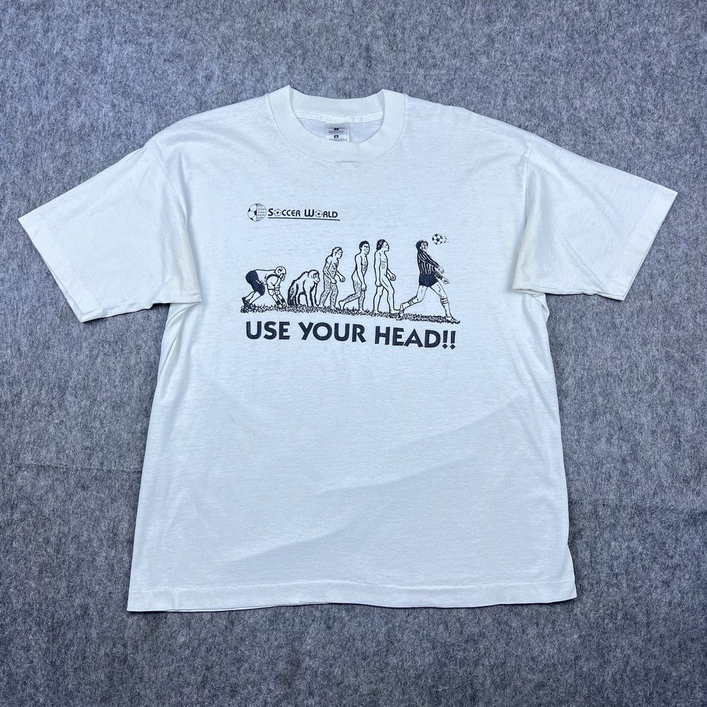 Vtg Soccer World Men’s T-Shirt “Use Your Head!” Graphic Single Stitch 90s Sz L