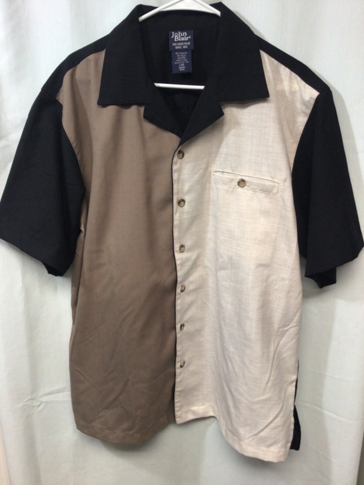 John Blair Beige/Tan/Black Large Hawaiian Style Rayon Blend Shirt Sleeve ShirtB6