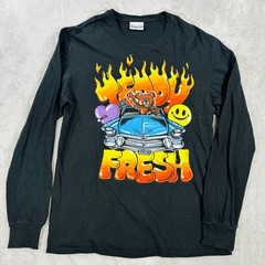 Teddy Fresh Tee Mens M Bear in Car Flames Graphic Long Sleeve Shirt Black
