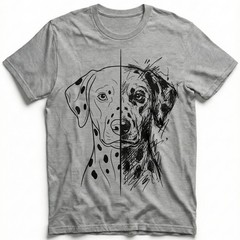 Split Style Dalmatian Portrait Clean Sketch Dog Lover T-Shirt Dual Design Tee