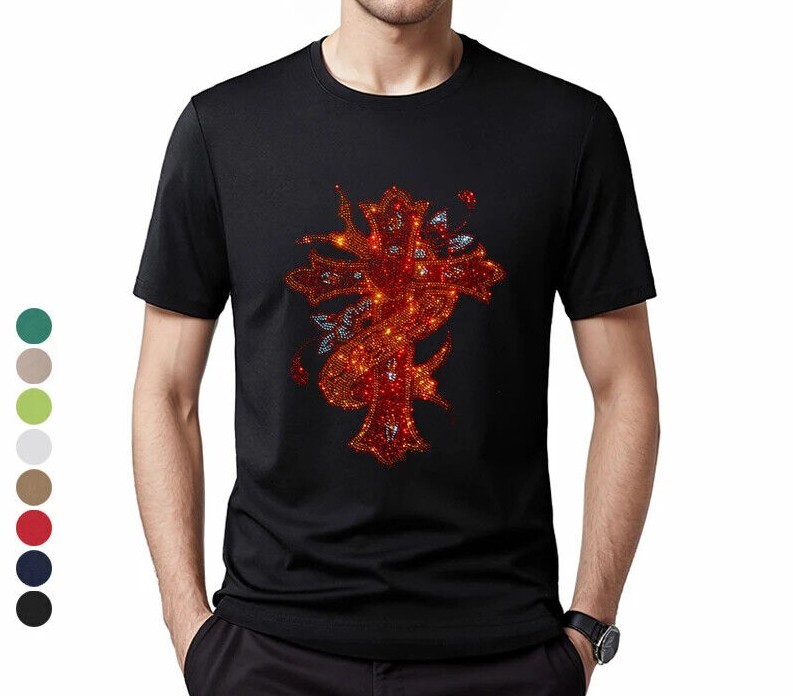 Fashion Trend Cross Hot Diamonds Rhinestones Black Summer Luxury Men T-Shirt