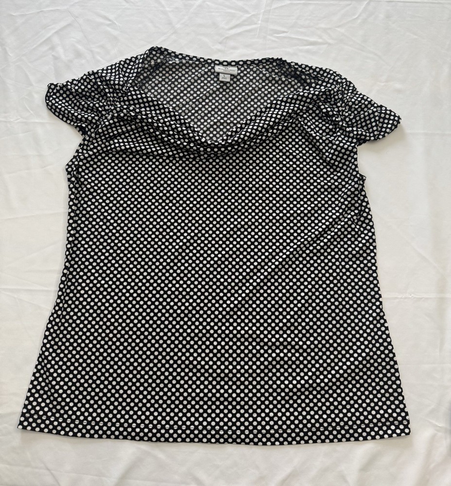 Black White Polka Dots Ruched Cap Sleeve Cowl Scoop Neck Stretchy Shirt Size L