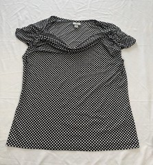 Black White Polka Dots Ruched Cap Sleeve Cowl Scoop Neck Stretchy Shirt Size L