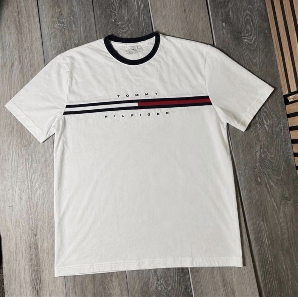 Tommy Hilfiger vintage Striped Logo Ringer T-Shirt White Size XL