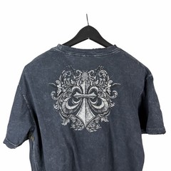 Mens Y2K Affliction Cross Wing Grunge Punk AOP Graphic Grey Shirt Size L