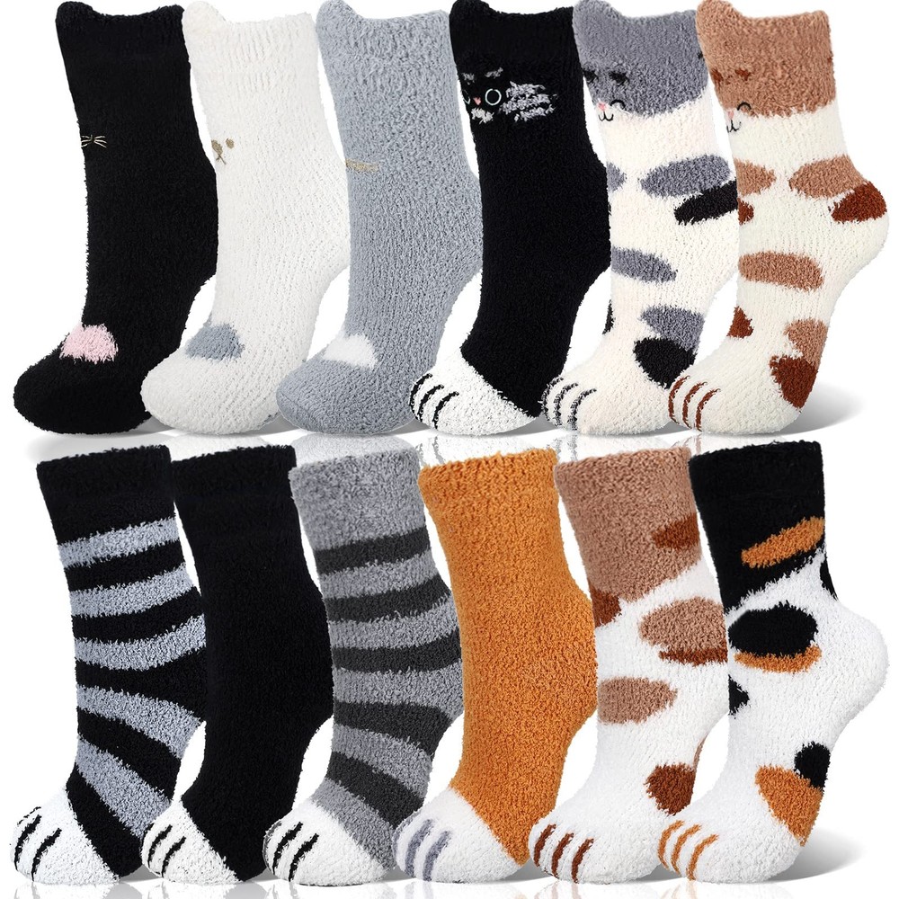 12 Pairs Women Fuzzy Socks Soft Fluffy Animal Slipper Sleeping Warm Gift