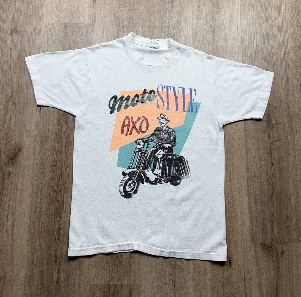 80s VINTAGE Moto Style AXO Pop Art Obscure T-Shirt RARE Size Large Art Deco