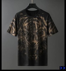 New Fashion Tiger Trend Rhinestones Summer Short Sleeve Luxury Black Men T-Shirt