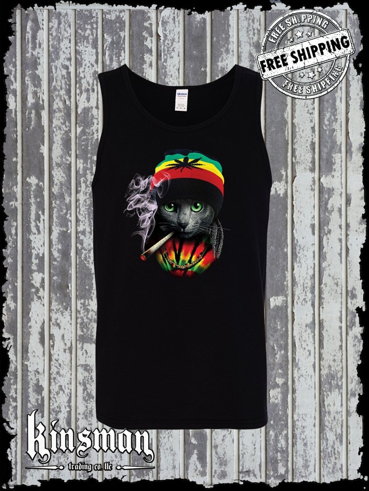 Rasta Cat Tank Top T-Shirt Smoking Joint Jamaica Marijuana Pot Weed Cannabis 420