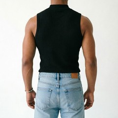Men Ribbed Sleeveless Tank Top with Half Turtleneck Neckline Casual Vest