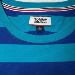 Vintage Tommy Jeans Mens XL Blue Striped Short Sleeve Script Boxy Logo T-Shirt