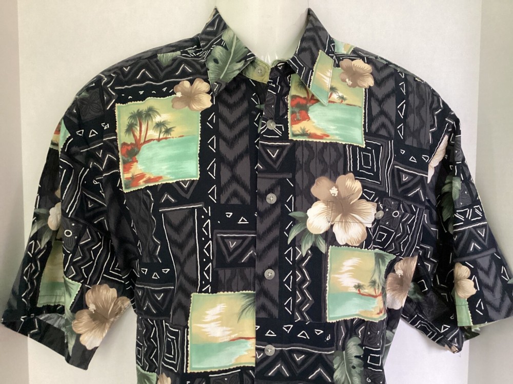 Pierre Cardin Hawaiian Shirt Men’s sz L large black Hawaiian 🌺 palm tree beach