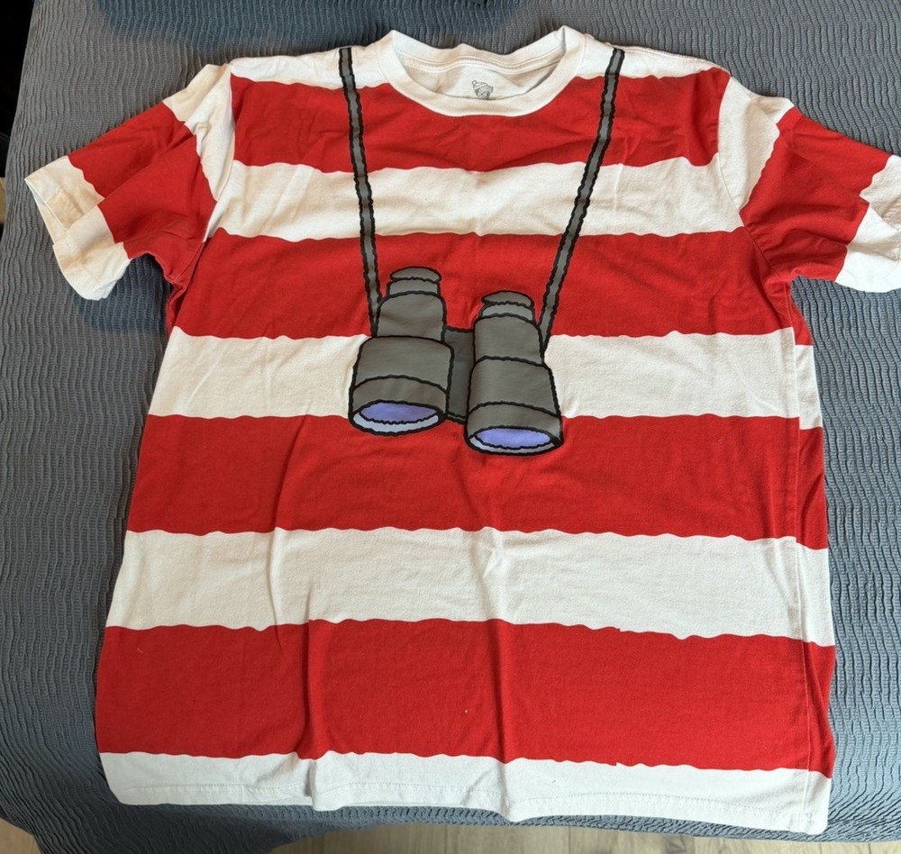 Where’s Waldo Shirt Mens Large Red Striped Binoculars Graphic Costume Tee