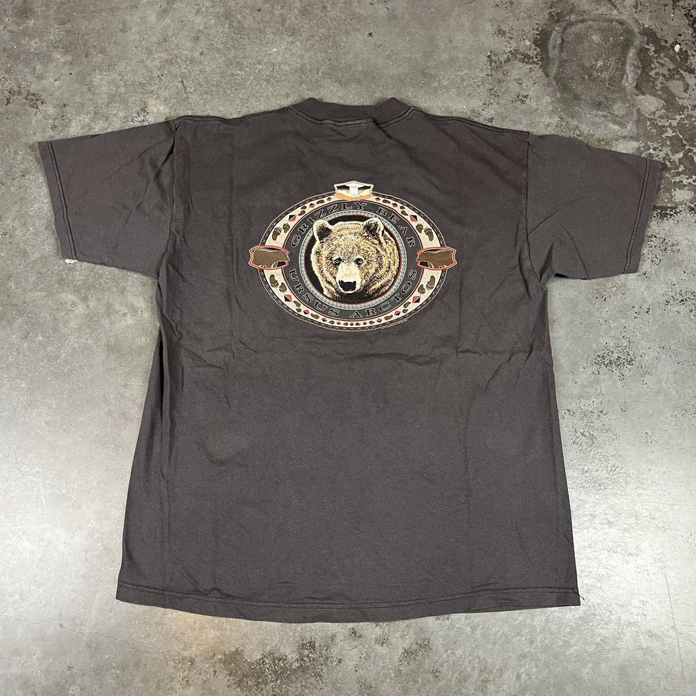 Vintage Grizzly Bear T Shirt Mens XL Gray Flaws Discovery Channel Preowned