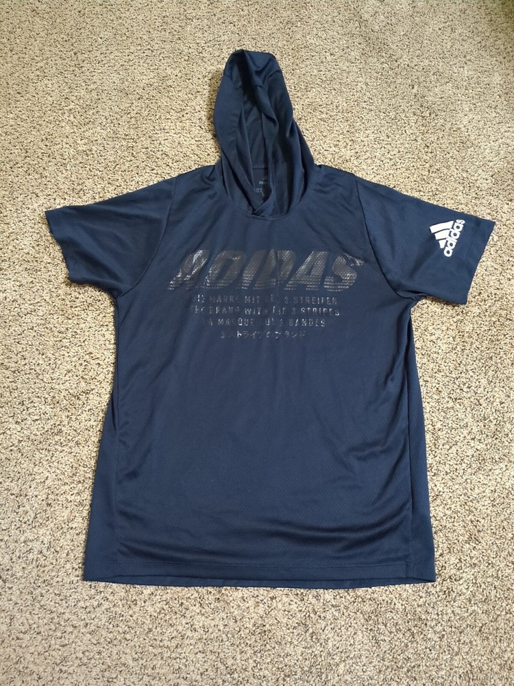 Adidas Short Sleeve Shirt Men Medium Blue Mesh Hooded Jersey FreeLift Climalite