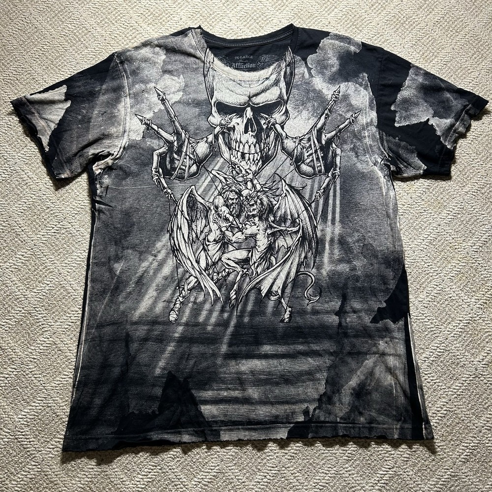 Rare Vtg Affliction Puppet Master God Vs Devil Demon Shirt 2XL Y2K AOP