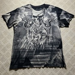 Rare Vtg Affliction Puppet Master God Vs Devil Demon Shirt 2XL Y2K AOP