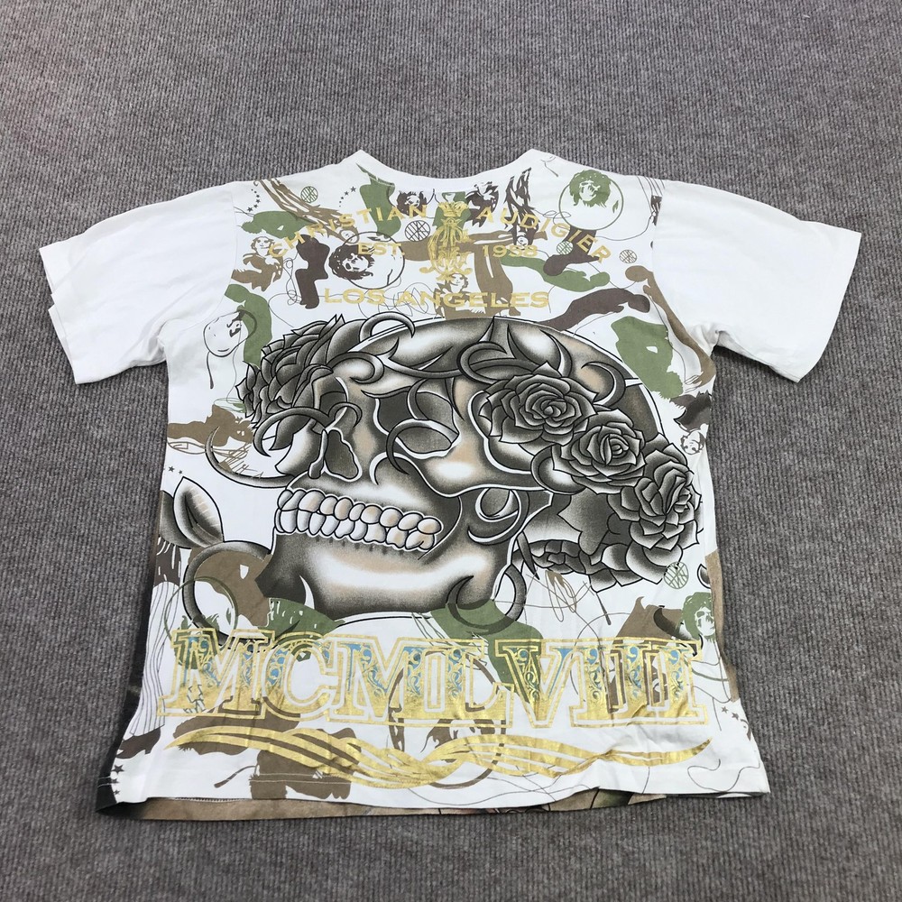 Christian Audigier Shirt Mens Large Skull Rose Rhinestone Graphic Tee Gothic